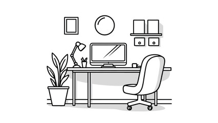 Minimalist Home Office Desk Setup with Computer Chair and Plant