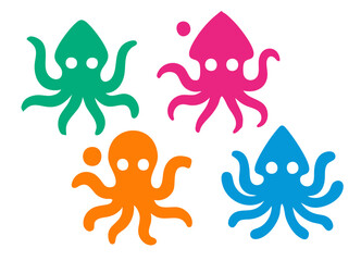 Squid illustration, colorful minimalist style, mid-century modern, childlike shapes, whimsical character design, no outlines, solid colors, stylized proportions