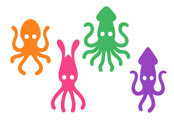 Squid illustration, colorful minimalist style, mid-century modern, childlike shapes, whimsical character design, no outlines, solid colors, stylized proportions