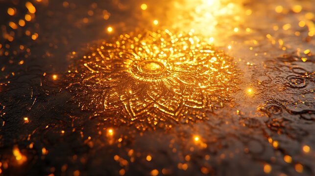 Golden mandala in a dark scene exudes mystical charm and ancient elegance