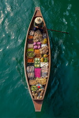 Overhead view of a traditional boat filled with colorful produce at a floating market, set against turquoise water — a vibrant symbol of Southeast Asian culture and trade.

