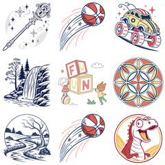 Collection of Diverse Cartoon Illustrations Featuring Magic Sports Nature and Playful Themes