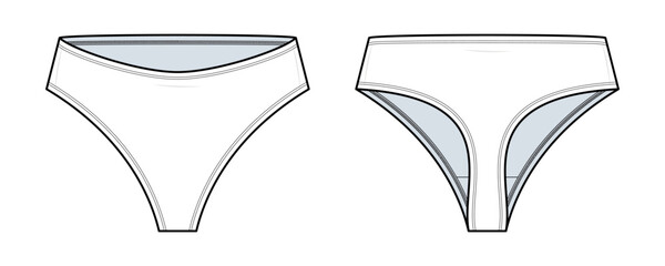 Mid-Rise Bikini Panty Technical Fashion Illustration. Women’s Underwear Vector Template. Front and Back View. Clean Lines. Soft Curve Fit. White Color. CAD Mockup set.
