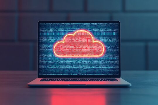 A laptop displays a glowing red cloud icon made of binary code, symbolizing cloud computing and digital data storage.