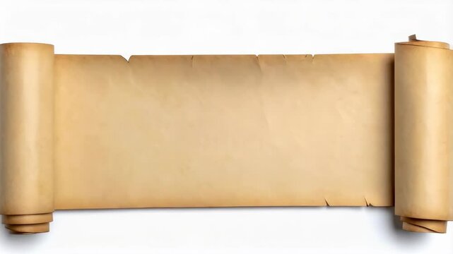 Aged parchment scroll unfolded on white backdrop displaying rough edges and rolled sides for historical documents and messages