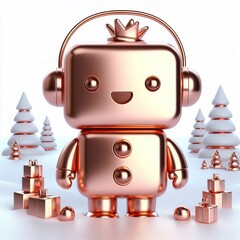 Naklejka premium 3d render. Cute 3D rose gold metallic Character cool snowman toy on white background