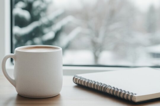 A cozy white mug and spiral notebook sit on a wooden table by a window with a snowy winter view outside.