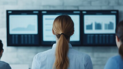 A woman observes data and charts on multiple large screens in an office setting, likely analyzing business or financial information.