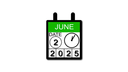 4K calendar animation June date 2 2025 illustration . black background clean and stunning 4k illustration .