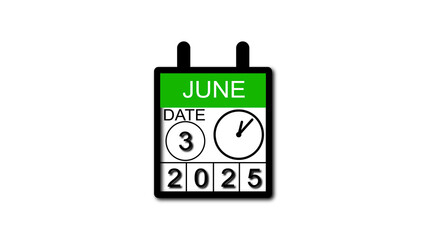 4K calendar animation June date 3 2025 illustration . black background clean and stunning 4k illustration .