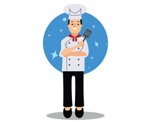 Man Chef Cooking Cartoon Illustration. Happy chef character with spatula