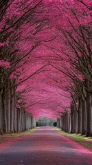 Serene tree-lined pathway with vibrant pink blossoms forming an archway du sptime, scenic tranquil walkway with colorful flowe trees and clear sky