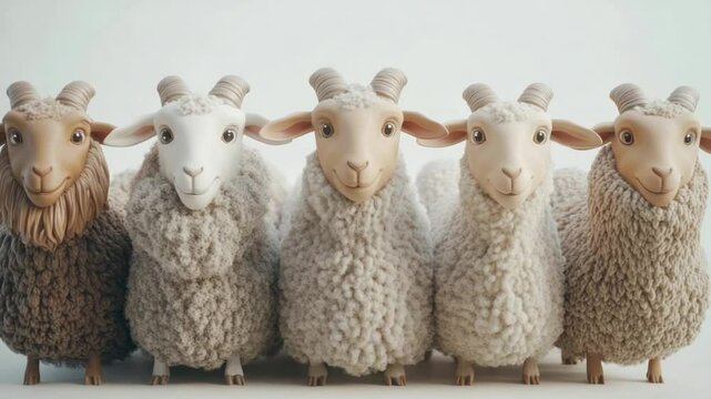 Four stylized sheep or goats in various shades of beige and cream, with textured fur and horns