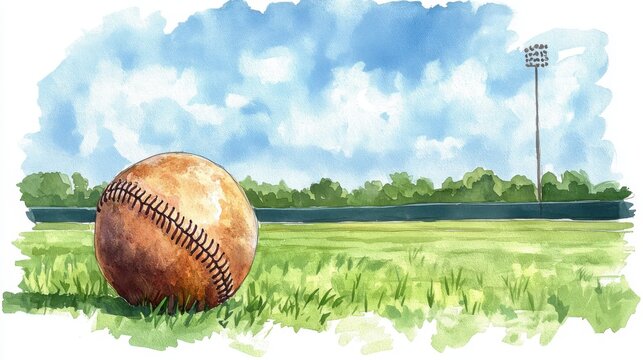 Watercolor of a baseball on a grassy field under a blue sky, with a stadium light in the background.