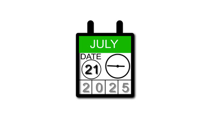 4K calendar animation July date 21 2025 illustration . black background clean and stunning 4k illustration .