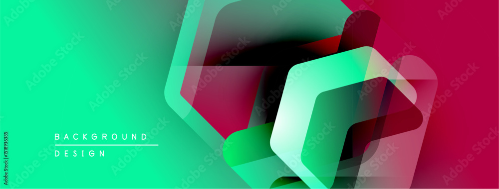 Poster Abstract geometric shapes overlap, creating vibrant gradient effect. Turquoise transitions to magenta, modern design element.