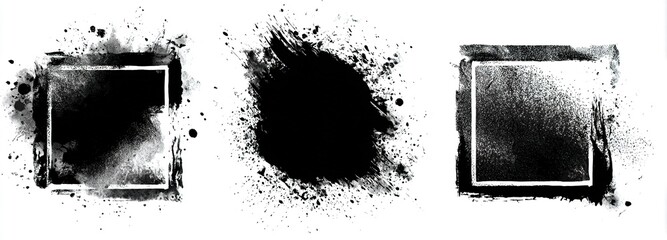 Set of vector paint brush stroke, ink splash and grungy decoration elements. Freehand grunge brush illustration. Black watercolor splatter, texture, frame and abstract background for social media.
