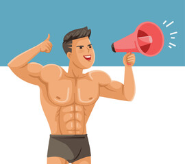Handsome muscular man is shouting through a loudspeaker