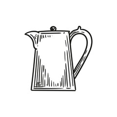 Illustration of an antique teapot, hand-drawn in ink. Original teapot drawings. Line art.