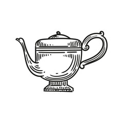 Illustration of an antique teapot, hand-drawn in ink. Original teapot drawings. Line art.