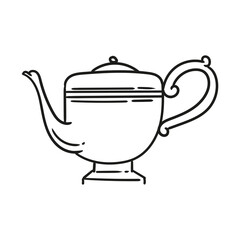 Illustration of an antique teapot, hand-drawn in ink. Original teapot drawings. Line art.