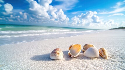 Seashells on the beach under a bright summer sky