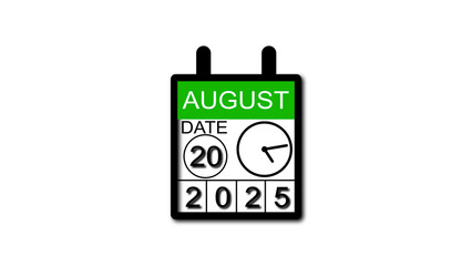 4K calendar animation August date 20 2025 illustration . black background clean and stunning 4k illustration .