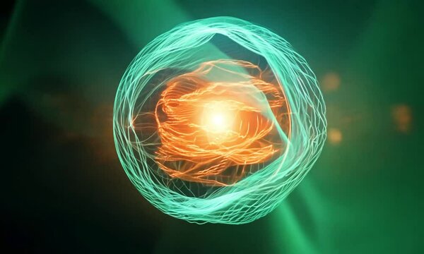 A fabric draped around a levitating energy sphere, filled with vibrant orange and red digital fibers,