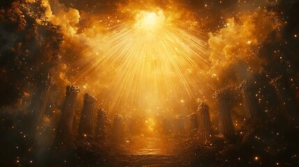 Celestial illumination over ancient structures amidst a nebulous environment