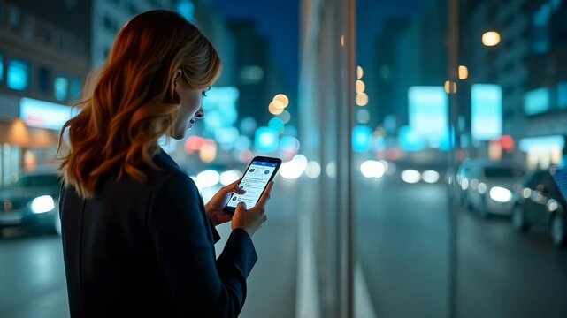 Modern woman using smartphone by city lights  
