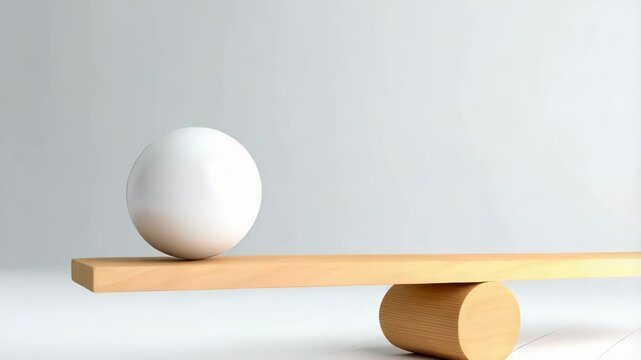 Balancing act of two white spheres on a wooden seesaw with a neutral background symbolizing equilibrium and counterbalance concept.