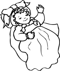 Black and white line drawing of a baby wearing a bonnet and gown, with arms raised, smiling face, and used as coloring or illustration.