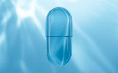 Blue transparent glass capsule, drug therapy, 3d rendering.