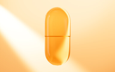 Gold transparent glass capsule, drug therapy, 3d rendering.