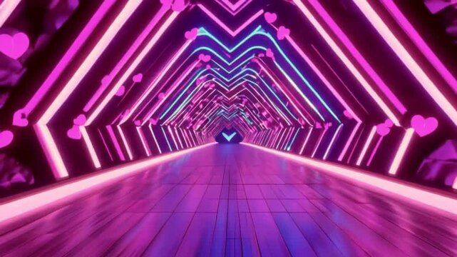 Futuristic Neon Tunnel with Heart Shapes.