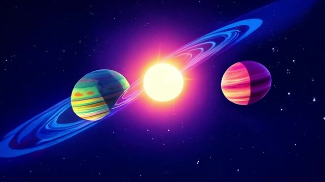 A stylized illustration of colorful planets orbiting a bright star in a flat vector style. Cosmic dust and a glowing aura surround the celestial bodies, creating a mesmerizing, iridescent effect