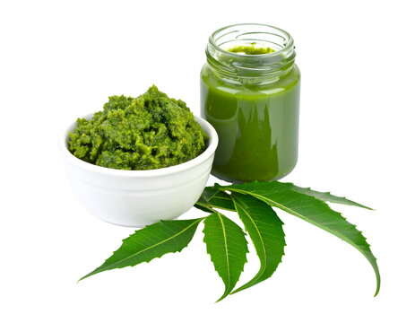 Green Neem Paste And Ointment In Bowl And Jar With Fresh Green Leaves Isolated On Transparent Background