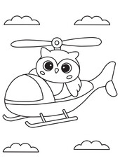 Coloring book owl cutely flying a helicopter among fluffy clouds