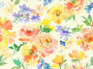 Seamless pattern of abstract watercolor orange peonies and wildflowers. Hand-drawn autumn-colored botanical textile design. Floral wallpaper.