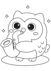 Coloring book owl cutely playing a saxophone, sparkling with musical talent.