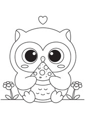 Coloring book owl cutely holding a slice of pizza with a heart floating above.