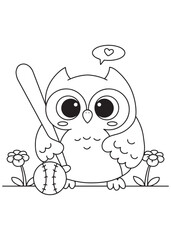 Coloring book owl cutely holding a baseball bat and ball, with a heart bubble