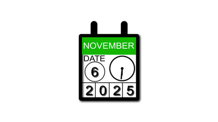 4K calendar animation November date 6 2025 illustration . black background clean and stunning 4k illustration .