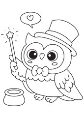 Coloring book owl magician in a top hat and bow tie,