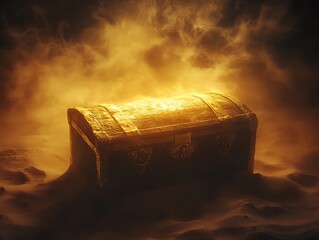 Mystical glow emanating from an aged treasure chest in surreal landscape