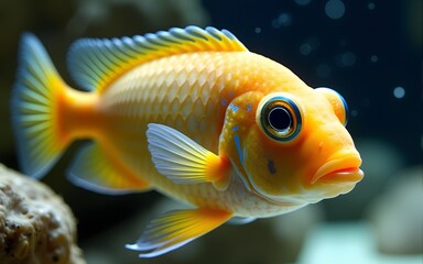 close up of a rock dwelling fish   cichlid Maylandia estherae is a Pseudotrophine cichlid (Pseudotropheus estherae), Cichlidae. High quality