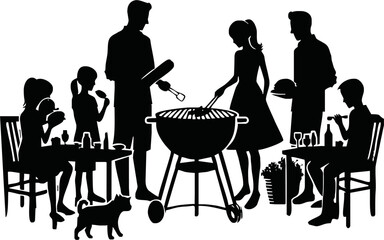 Barbecue party. Isolated silhouette of friends with grill. Summer picnic scene. Black BBQ drawing. Family cooking meat and drinking beer. Outdoor lunch. Vector illustration