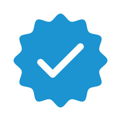 Blue checkmark tick verified badge icon vector, social media verified profile symbol, approval certification label, identity verification logo, trust emblem for official account branding