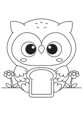 Coloring book owl cutely holding a slice of bread or toast, surrounded by sweet flowers and a little heart