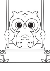 Coloring book owl happily swinging on a swing set, surrounded by sweet blooming flowers.